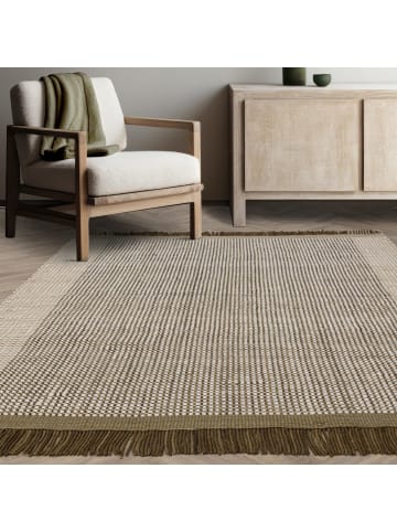 KADIMA DESIGN Teppich Wolle, Korbmuster, Handgewebt, Fransig, Schallabsorbierend in Olivgrün