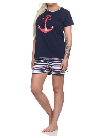 NORMANN Shorty Pyjama Anker und gestreiften Shorts - 74902 in navy