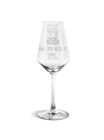 Mr. & Mrs. Panda Weißweinglas Eulen Liebe mit Spruch in Transparent