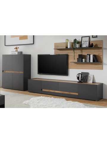 Furn.Design Wohnwand 3-teilig grau, Eiche Wotan 343 cm, Schrankwand mit mit XL-TV-Schrank