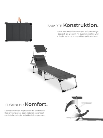 tectake klappbare Aluminium Sonnenliege, 220 x 60,5 x 34 cm, mit Seitentasche