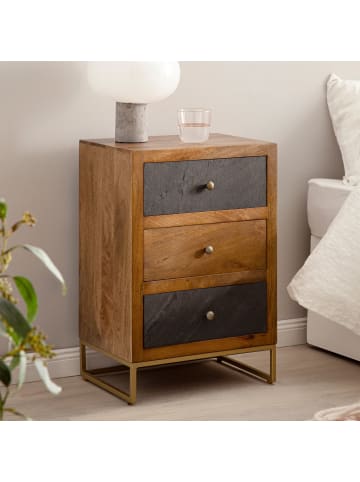 KADIMA DESIGN Nachttisch Mango Massivholz / Steinoptik 40x60x30 cm Nachtschrank in Braun
