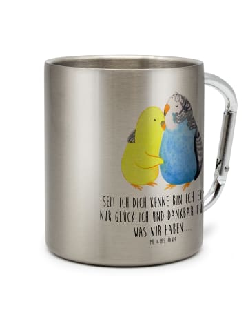 Mr. & Mrs. Panda Karabiner Becher Wellensittich Liebe mit Spruch in Silber