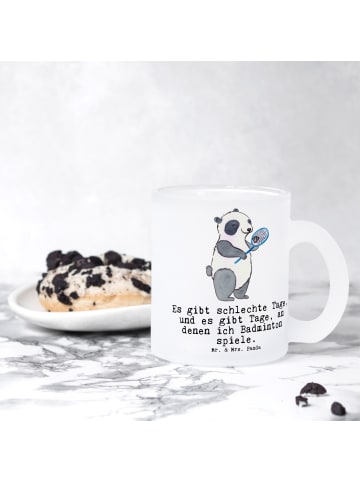 Mr. & Mrs. Panda Teetasse Glas Panda Badminton  mit Spruch in Transparent