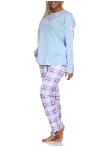 NORMANN Schlafanzug langarm Pyjama karierter Hose Jersey - 84736 in hellblau