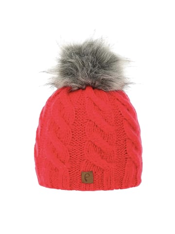 Faera Warmes Beanie mit Kunstfell Bommel Zopfmuster in Pink