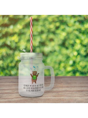 Mr. & Mrs. Panda Trinkglas Mason Jar Bär Flugzeug mit Spruch in Transparent