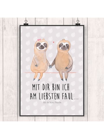 Mr. & Mrs. Panda Bild Faultier Pärchen mit Spruch in Grau Pastell