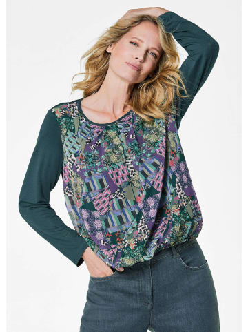 GOLDNER Langarm Chiffonbluse mit Patch-Druck in dunkelgrün / gemustert