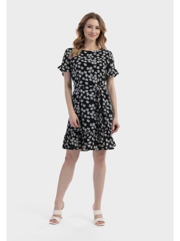 Usha Damen Midikleid Mit Rüschen in Schwarz Wollweiss