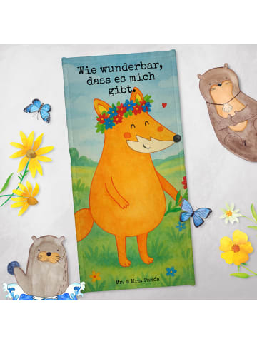 Mr. & Mrs. Panda Badehandtuch Fuchs Blumen Design mit Spruch in Türkis Pastell