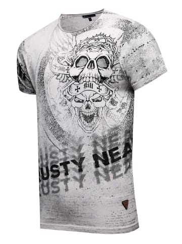 Rusty Neal Vintage Biker T-Shirt mit Skull All Over Print, Oil Wash & Raw Edge in Grau