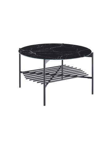 SalesFever Couchtisch Ø84 cm Glasplatte Marmoroptik mit Ablage und Metallgestell in Schwarz