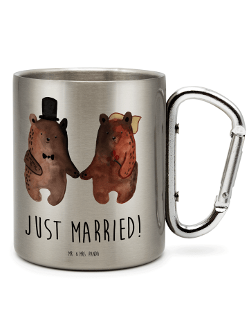 Mr. & Mrs. Panda Camping Becher Bär Heirat mit Spruch in Silber