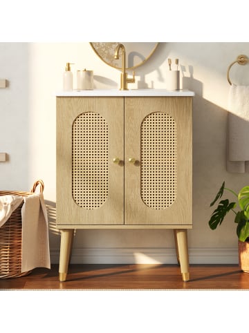 ABRIHOME Waschbeckenunterschrank in Holzfarbe 61 cm mit Keramikbecken Ablageböden