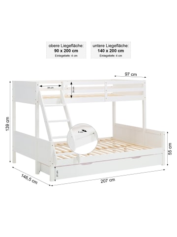Homestyle4u Etagenbett mit 2 Matratzen und Bettkasten 90x200 und 140x200 in Weiß