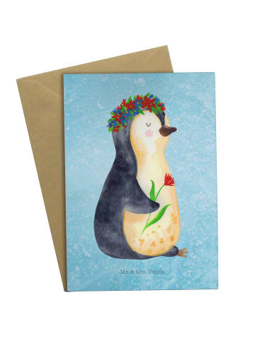 Mr. & Mrs. Panda Grußkarte Pinguin Blumen ohne Spruch in Eisblau
