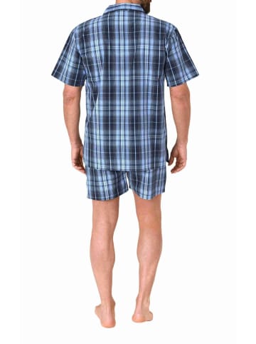 NORMANN kurzarm Schlafanzug Shorty Pyjama gewebt zum Knöpfen - 80172 in blau