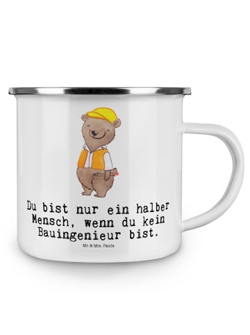 Mr. & Mrs. Panda Camping Emaille Tasse Bauingenieur Herz mit Spruch in Weiß