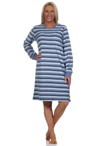 NORMANN Frottee Nachthemd langarm Bündchen Streifenoptik - 88969 in blau