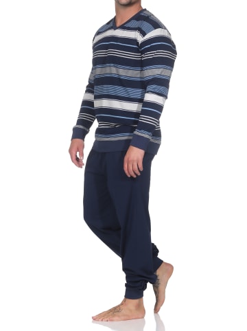 NORMANN Langarm Schlafanzug Pyjama Bündchen Streifen auch in Übergröße in marine