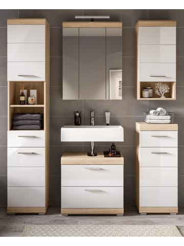 Inn.Furn Badmöbel-Setweiß Hochglanz, Eiche 5-teilig 164 cm, Komplettset mit viel Stauraum