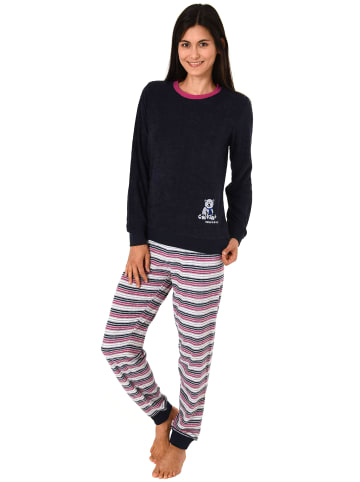 NORMANN Frottee Pyjama Schlafanzug langarm Bündchen und BärApplikation - 49983 in navy