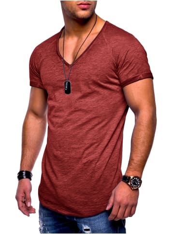 behype T-Shirt - BHSOLIN Basic Kurzarm Oversized Shirt V-Ausschnitt in Weinrot-Wash