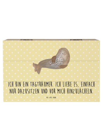 Mr. & Mrs. Panda Holztruhe Robbe Lachen mit Spruch in Gelb Pastell