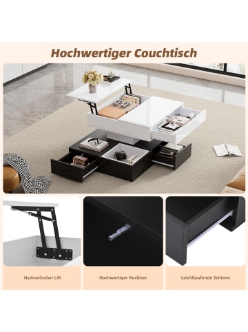 ABRIHOME Couchtisch mit 360°drehbarer Tischplatte und Anhebbarer in Weiß, 70*70*40cm