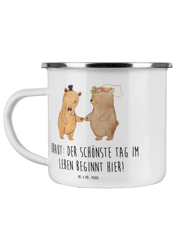 Mr. & Mrs. Panda Emaille Becher Braut Tag mit Spruch in Weiß