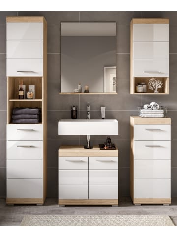 Inn.Furn Badmöbel-Setweiß Hochglanz, Eiche 5-teilig 164 cm, Komplettset mit viel Stauraum