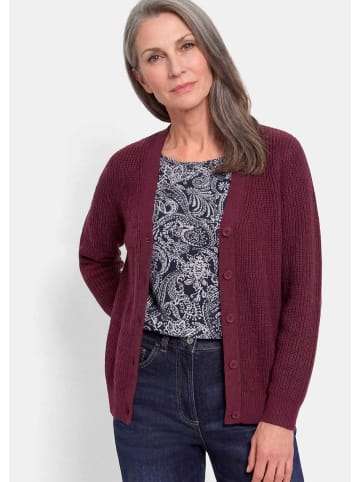 GOLDNER Kurzgröße: Elegante Strickjacke mit V-Ausschnitt in bordeaux