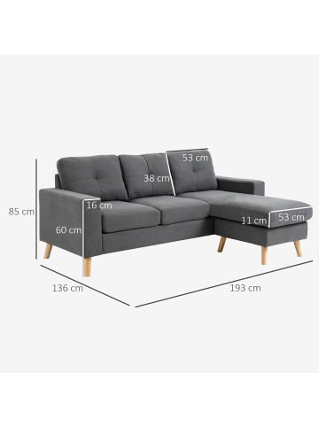 HOMCOM Ecksofa-193L x 136B x 85H cm-Dunkelgrau