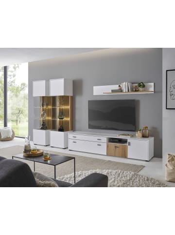 Furn.Design Wohnwand 4-teilig matt weiß, Eiche 316 x 180 cm, Wohnkombination mit 2 x Vitrine