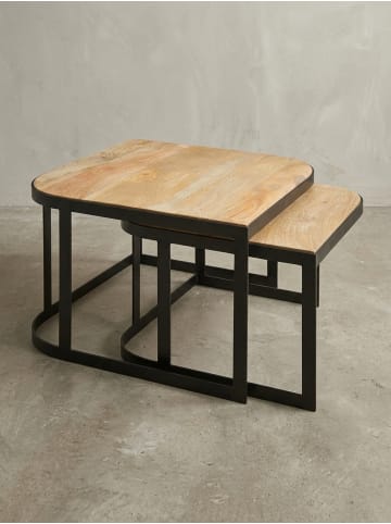 KADIMA DESIGN Couchtisch Hell 2er-Set | Mango Massiv, Industrial, Metallbeine Schwarz in Braun