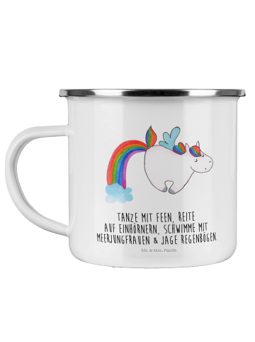 Mr. & Mrs. Panda Camping Emaille Tasse Einhorn Pegasus mit Spruch in Weiß