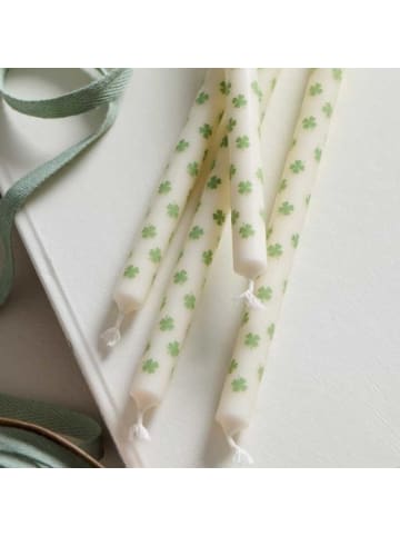 IB Laursen DÜNNE Kerze Weiß mit Grünen KLEEBLÄTTERN Ø 1,3 cm Länge 20 cm 5er Set
