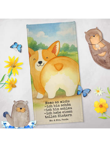 Mr. & Mrs. Panda Saunahandtuch Corgi Po Design mit Spruch in Grau Pastell