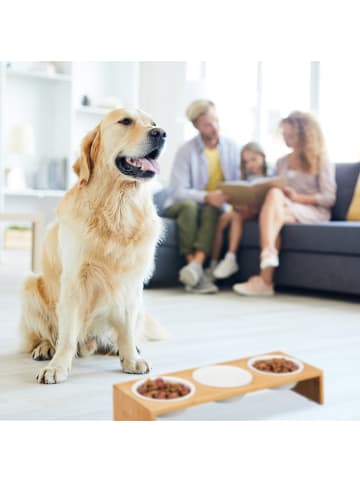 relaxdays Hunde-Futterstation in Natur/ Weiß- (B)46,5 x (H)9,5 x (T)17 cm