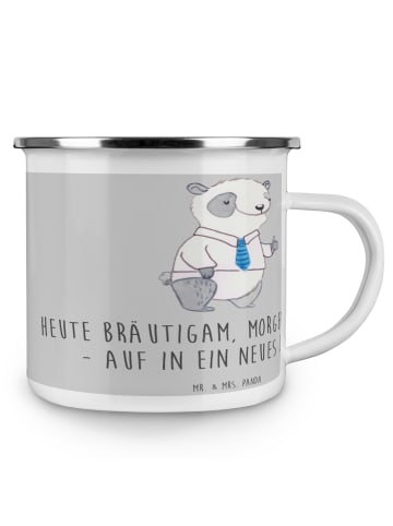 Mr. & Mrs. Panda Camping Emaille Tasse Bräutigam Heute mit Spruch in Heather Grey