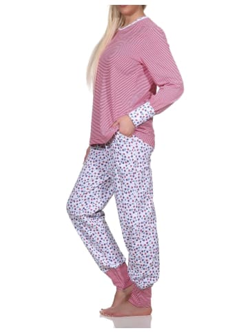 NORMANN Schlafanzug Langarm Bündchen Oberteil gestreift Hose floral - 78644 in rot