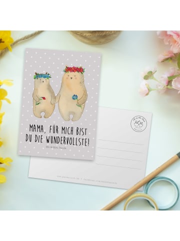 Mr. & Mrs. Panda Postkarte Bären mit Blumenkranz mit Spruch in Grau Pastell