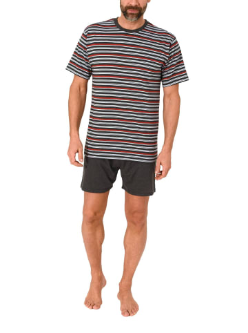 NORMANN Kurzarm Schlafanzug Shorty Pyjama Streifen in grau/rot
