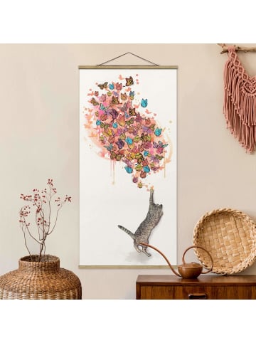 WALLART Stoffbild - Laura Graves - Katze mit Schmetterlingen in Rosa