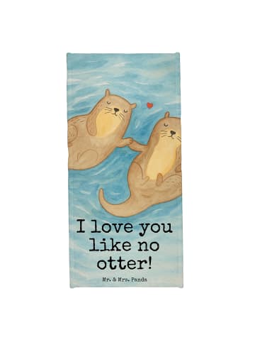 Mr. & Mrs. Panda Badehandtuch Otter Hände halten Design mit Spruch in Grau Pastell