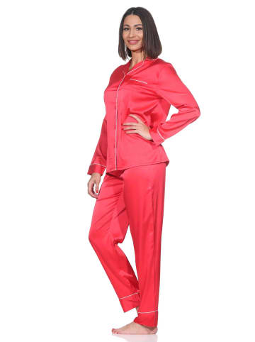 NORMANN Satin Schlafanzug langarm Pyjama Knopfleiste in rot