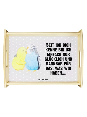 Mr. & Mrs. Panda Holztablett Wellensittich Liebe mit Spruch in Grau Pastell