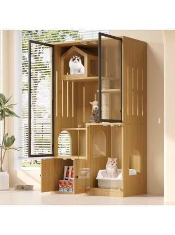ABRIHOME Katzenkäfig mit Kratzpfosten in Ahornholzfarbe - 90*50*160cm