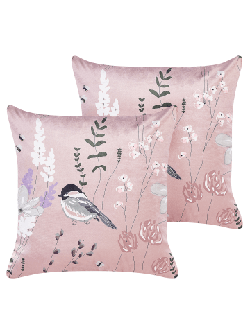 Beliani 2er-Set Dekokissen CYCLAMEN in Rosa/Weiß/Grau